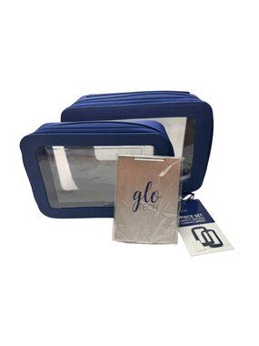 Glo Tech 3 Piece Set Cosmetic Bag Duo Compact Mirror Travel Organizer Navy Blue